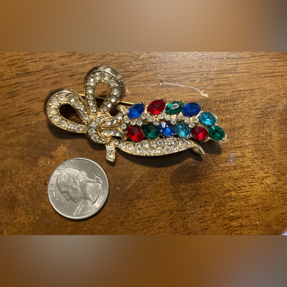 Vintage Mid-Century Jewel Tone Rhinestones Bow Brooch - Picture 3 of 5